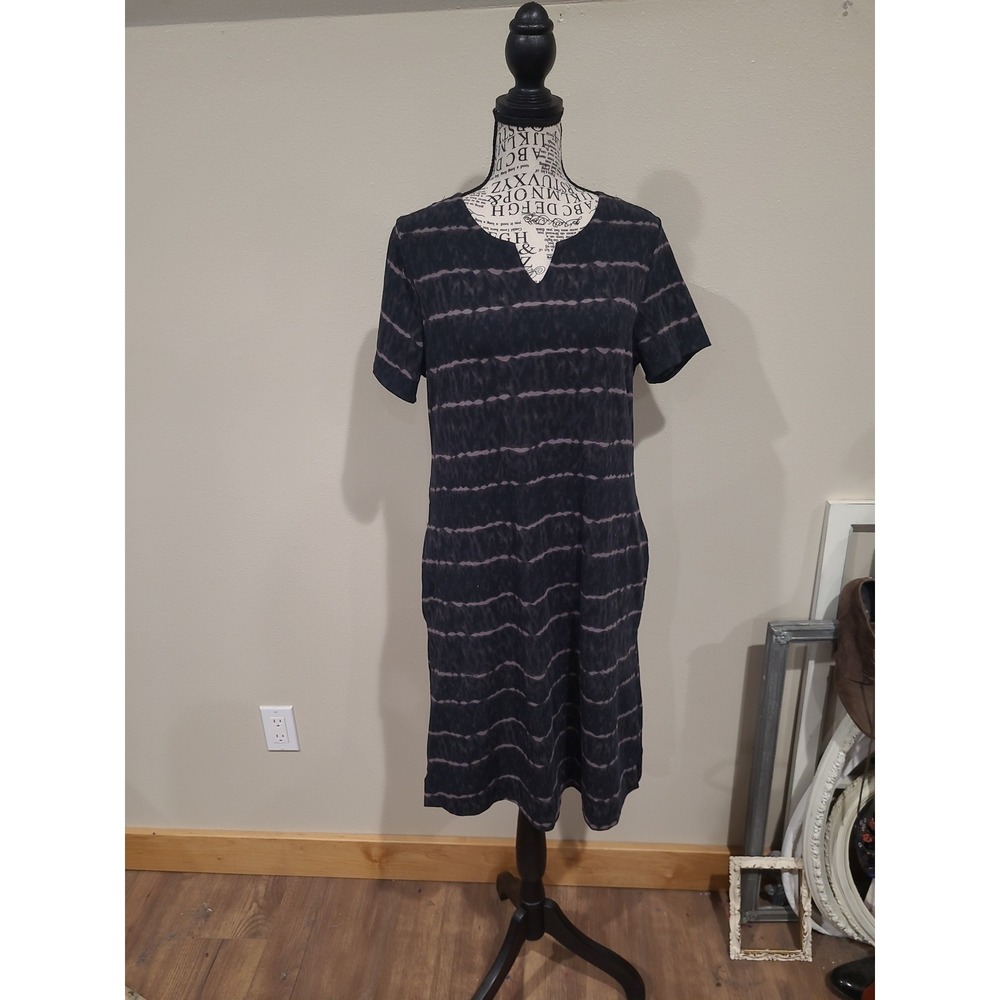Ellen Tracy black grey Pima Cotton KNIT shift dress pockets V neck Women SZ M